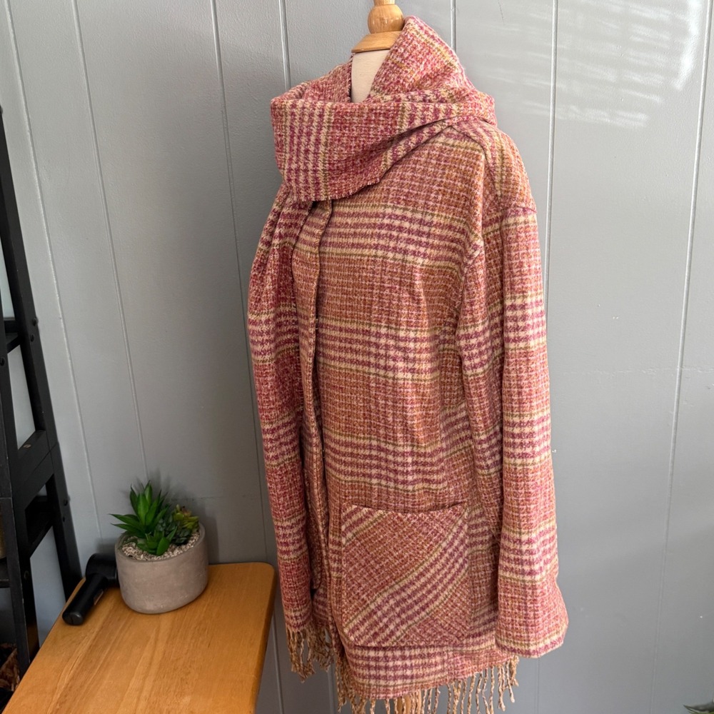 Democracy Womens Large Raspberry Multi Plaid Tubular Fringe Coat Attached Scarf - Picture 8 of 15